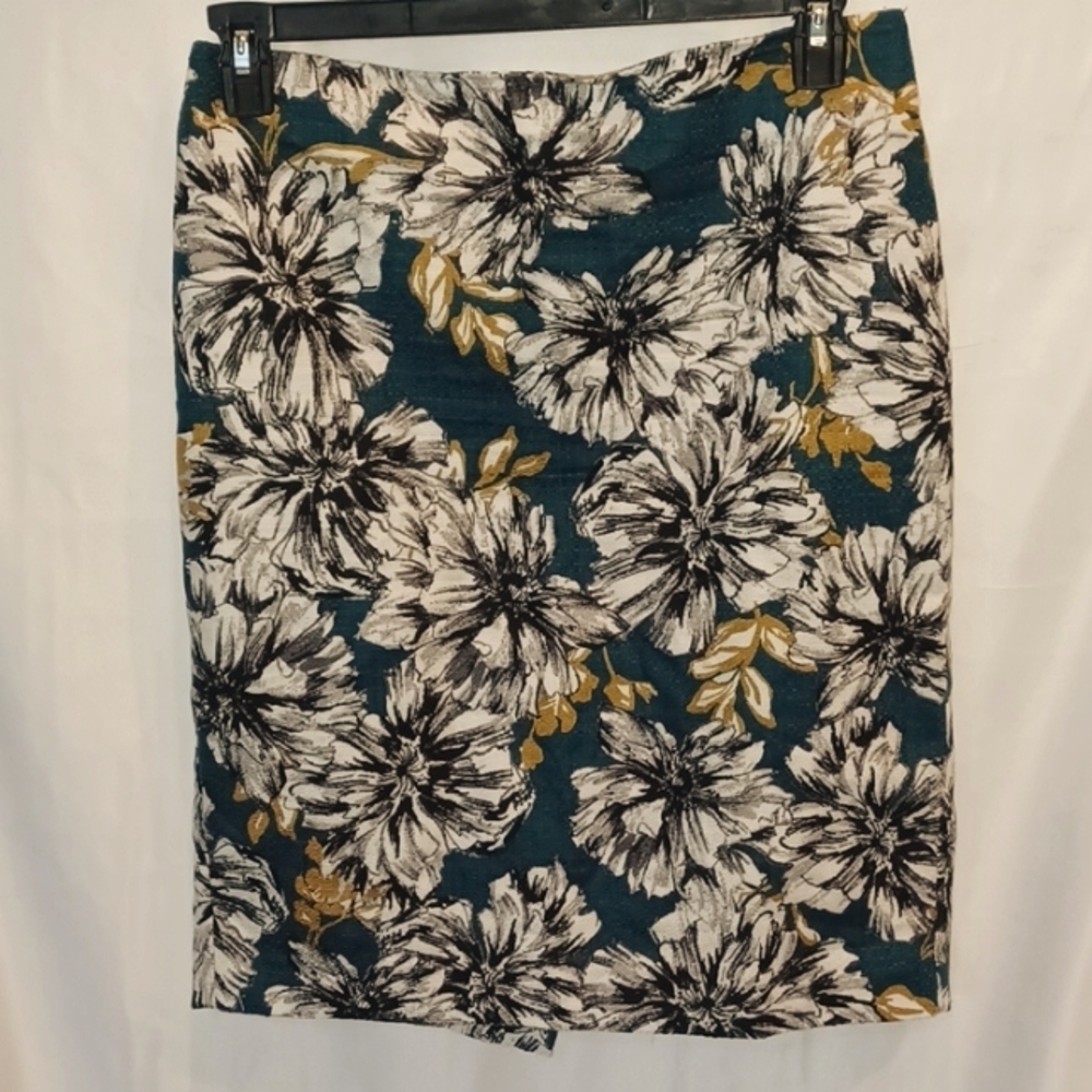 Ann Taylor teal green and white floral straight cotton pencil skirt sz 8, lined